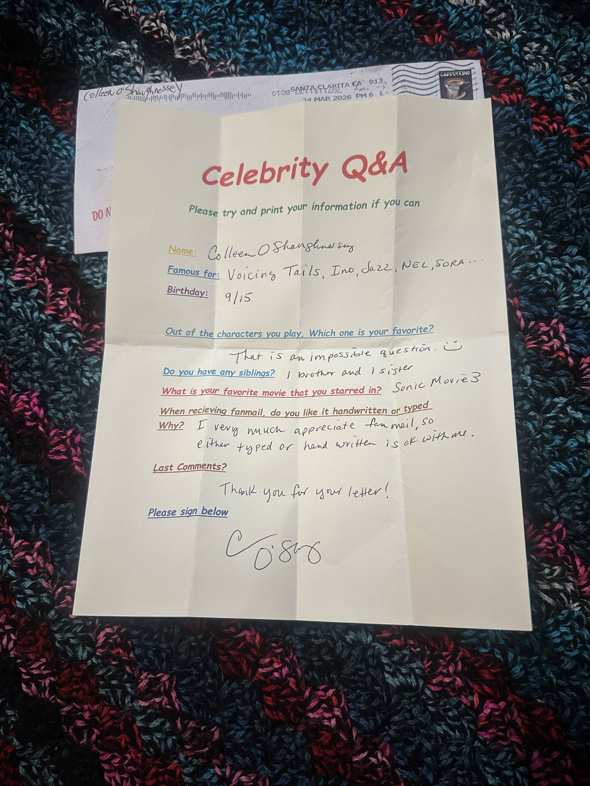 Colleen O'Shaughnessey autograph